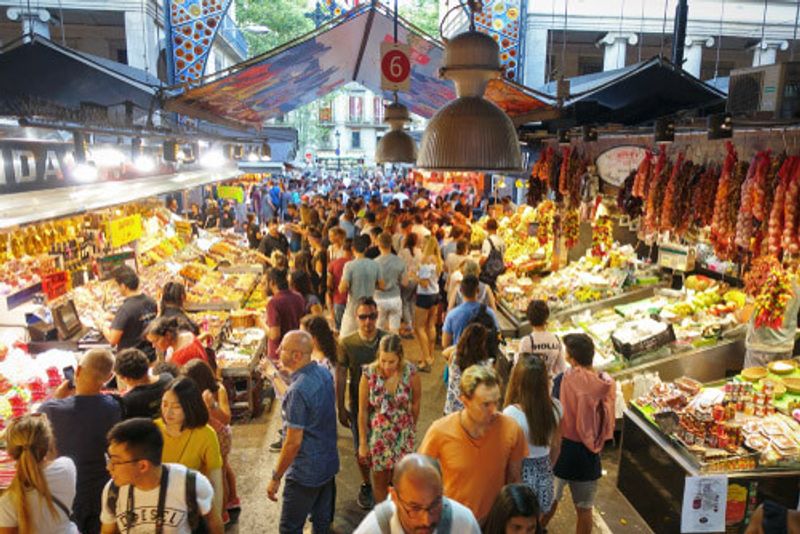 The bustling La Boqueria Market in Barcelona.