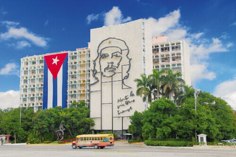 The Interior Ministry Building in Revolution Square featuring an iron mural of Che Guevaras.