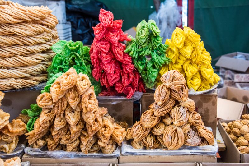 Close-up of traditional Kyrgyz chak-chak, a sweet fried dough dessert bound with honey.