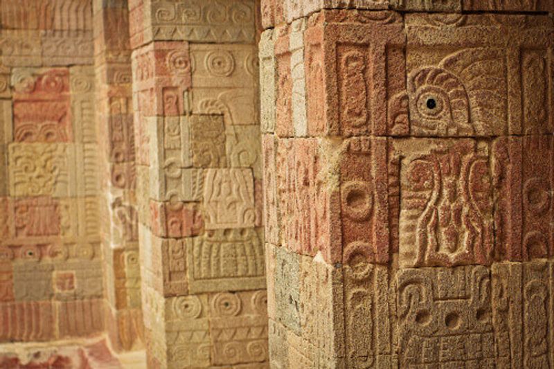 Patio of the Pillars, or Patio de los Pilares, featuring artwork of Gods in Teotihuacan.