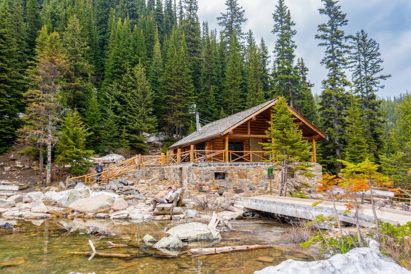 The quaint Lake Agnes Tea House during summer in Banff National Park.