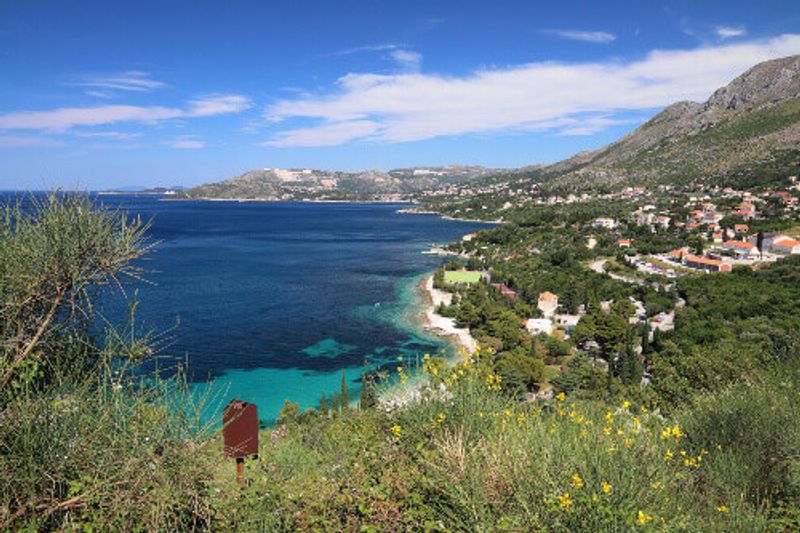 The small town of Plat with the Adriatic Sea and mountains in view.