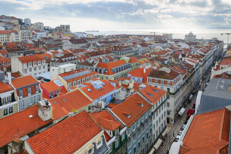 n aerial view of the buildings of Pombaline Baixa in Lisbon, Portugal.