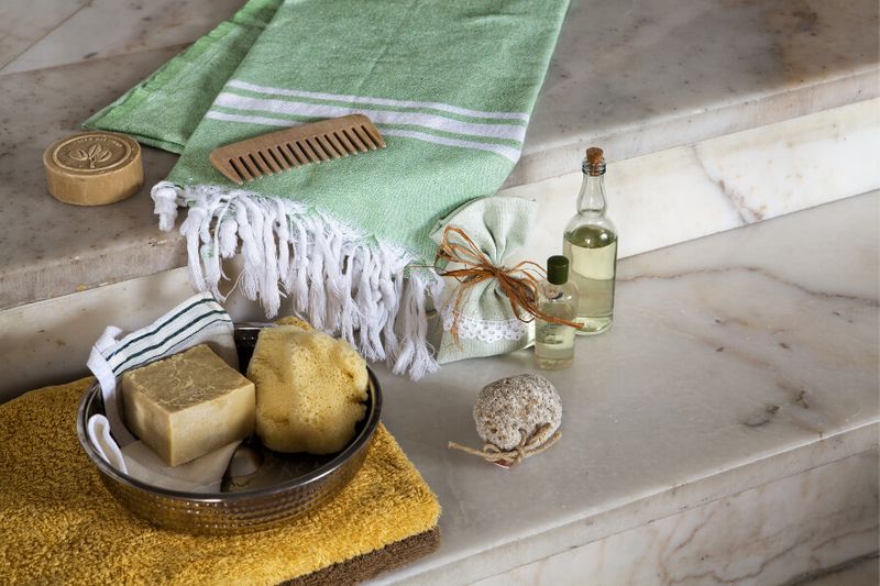 Turkish bath essentials like towels, soaps, scrubs and scented oils.
