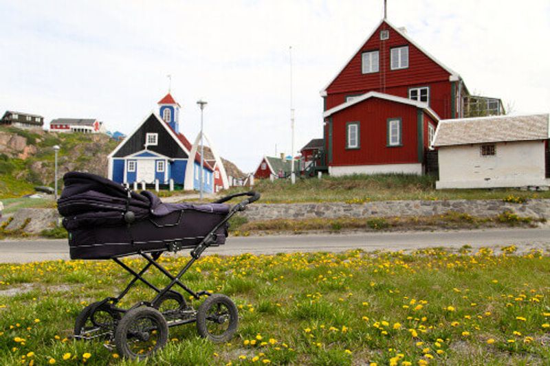 Baby carriage in front of the old church and Sisimiut Museum.