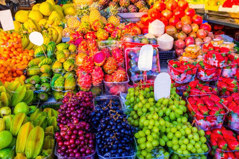 Colourful fruit in the stalls of Carmel Market, Tel Aviv, Israel.