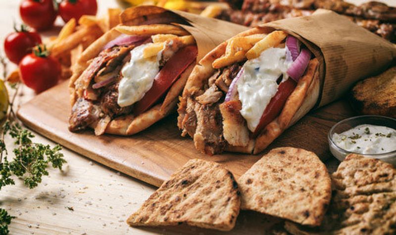 Two tasty Gyros on a plate with Mezes in Greece.