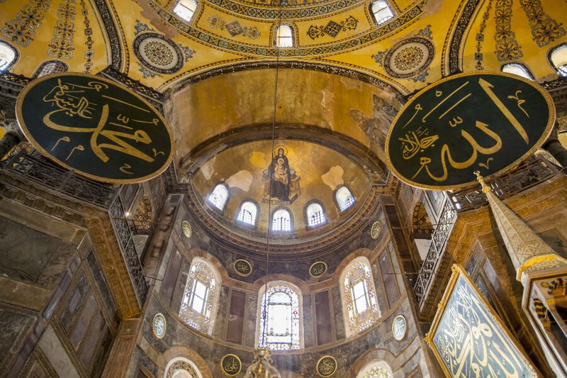 The Virgin Mary and Baby Jesus in the Apse Mosaic inside the Hagia Sophia.