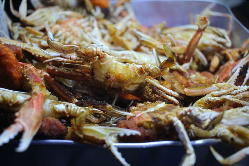 Street food vendor selling fried crabs in Galle Face Green.