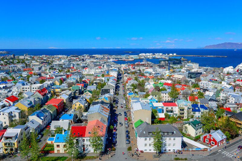 A panoramic view of downtown Reykjavik, the capital city of Iceland.
