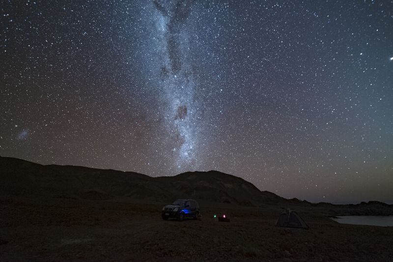 The Milky way galaxy viewing at a camping site at night in the atacama desert