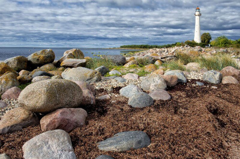 The Kihnu Lighthouse on the shore.