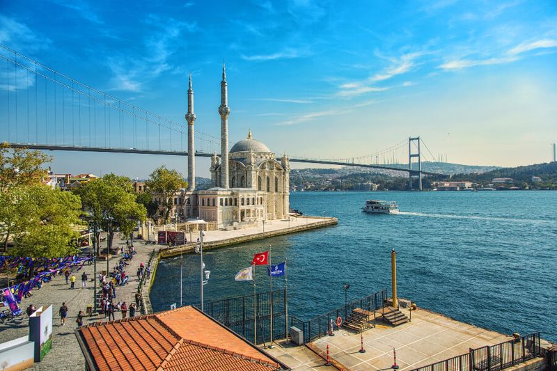 A stunning view of the Ortakoy Mosque and Bosphorus Bridge.