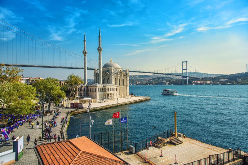 A stunning view of the Ortakoy Mosque and Bosphorus Bridge.