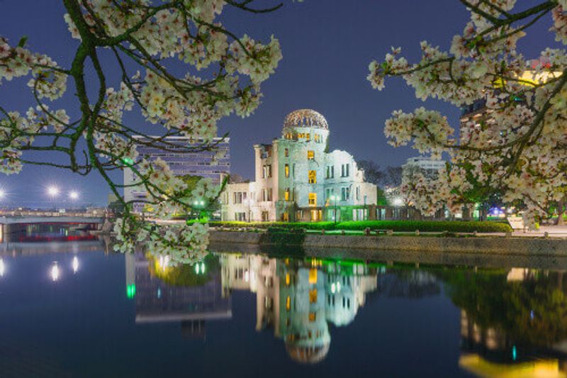 Night view of Atomic Bomb Dome or Genbaku Dome-mae, part of the Hiroshima Peace Memorial Park in Hiroshima, Japan.