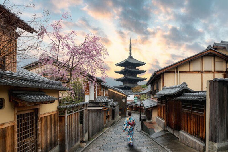 : Women wear traditional Japanese kimonos in Yasaka Pagoda on Sannen Zaka Street in Cherry blossom season in Kyoto, Japan.