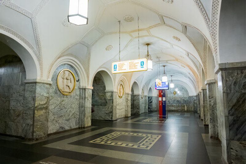 The beautiful interior of the Kultury Metro Station on the Koltsevaya Line.