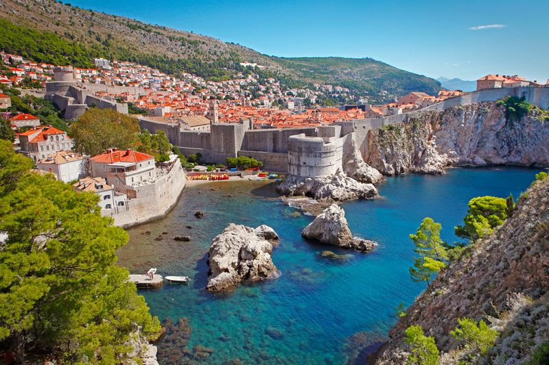 Aerial view of Dubrovnik’s historic old town with red rooftops and Adriatic coastline