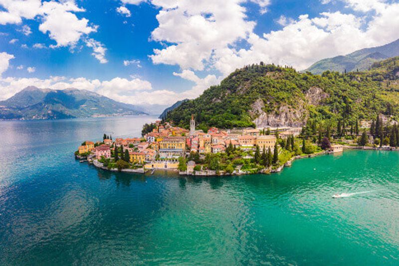 Beautiful aerial view of the famous old Italian town of Varenna on the banks of Lake Como.
