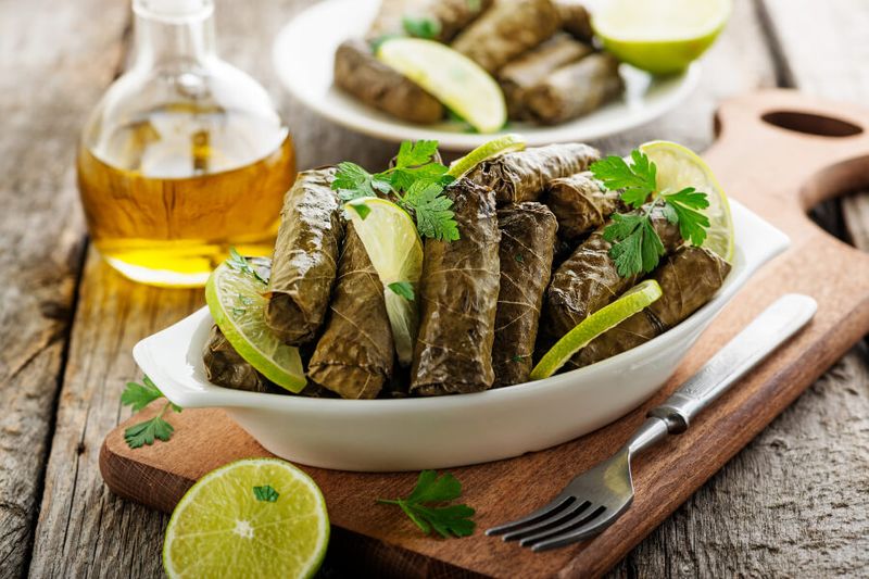 Dolma is a traditional Turkish delicacy with stuffed grape leaves, rice and meat.