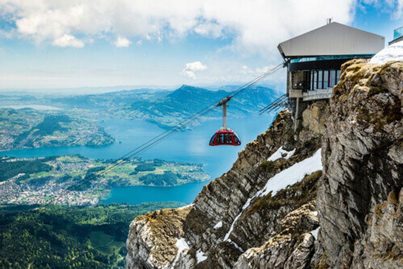 The Mount Pilatus Gondola with Pilatus Lake in Lucerne, Switzerland.