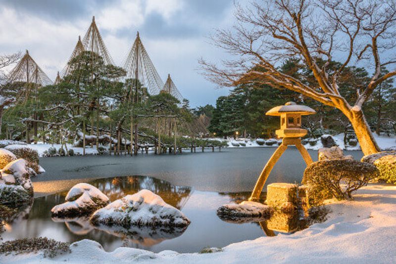The beautiful Kenrokuen Gardens during winter in Kanazawa, Ishikawa, Japan.