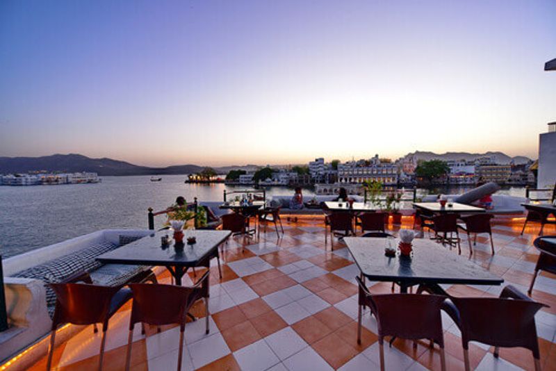 A rooftop restaurant with a view in Udaipur, India.