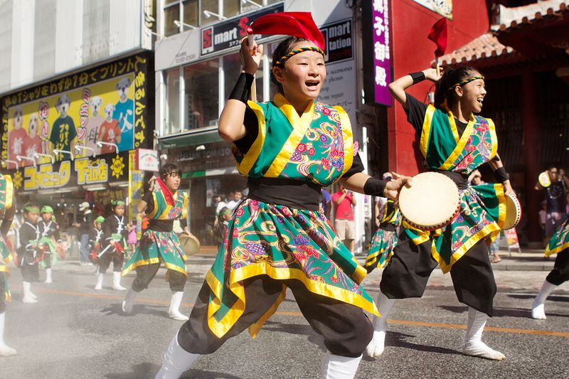 Traditional Okinawan Ryusou costumes can be seen at the Eisa Parade