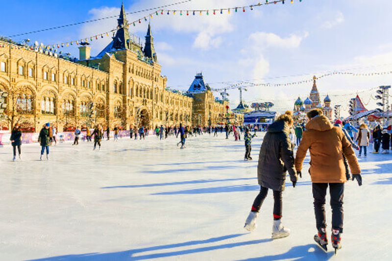 An ice skating rink in the Red Square, Moscow.