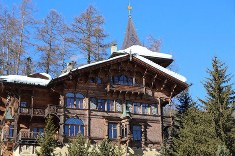 Enlarged view of half timber structure house in St Moritz Bath, Switzerland.