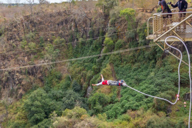 A teenage girl bungee jumping off the Victoria Falls Bridge in Zambia and Zimbabwe.