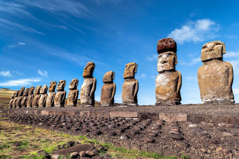 Huge Moia statues at Ahu Tongariki on the Easter Island