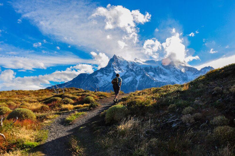 Tourists trekking in Torres del Paine National Park in Patagonia, Chile.