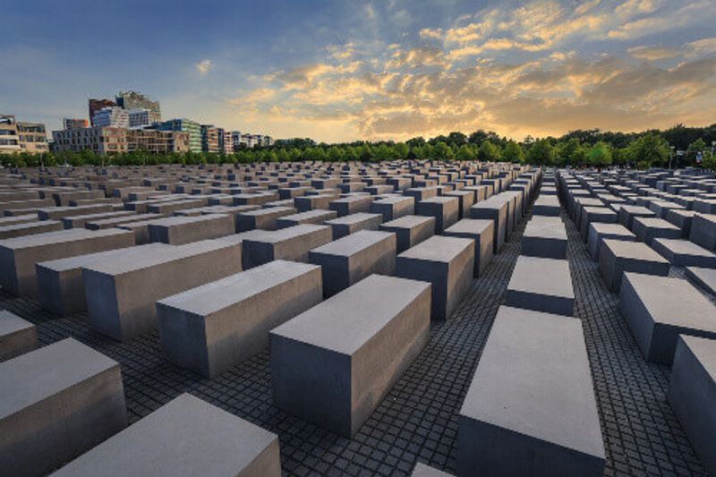 The Jewish Holocaust Memorial Museum and Berlin city skyline in Berlin.