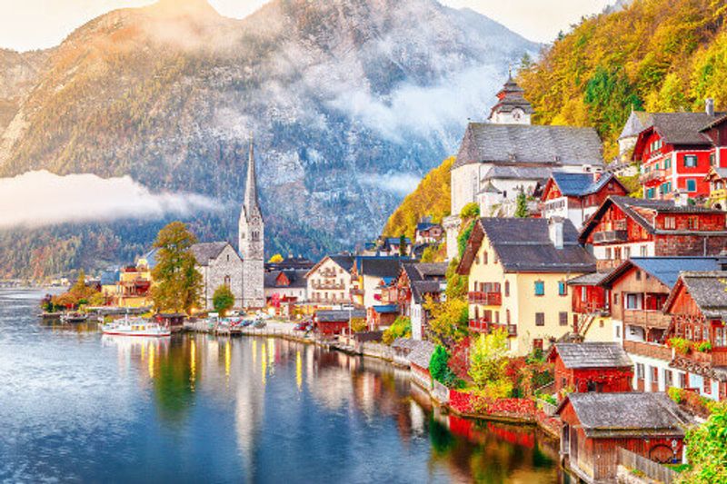 Hallstatt Village on the banks of the Hallstatter Lake in the High Alps.