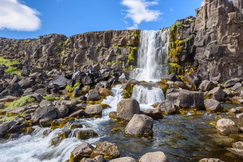 The beautiful Oxararfoss Waterfall in the Thingvellir National Park.