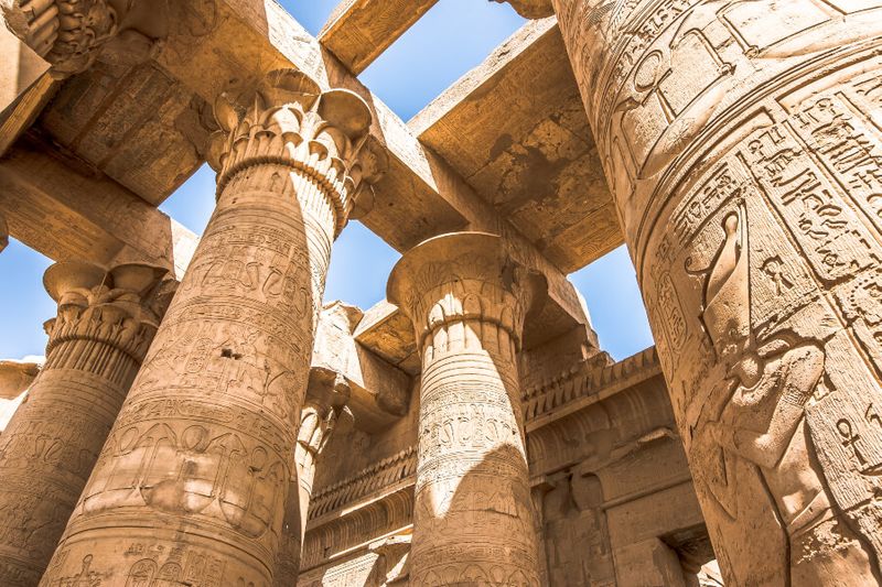 Pillars at the Kom Ombo Temple decorated with hieroglyphs
