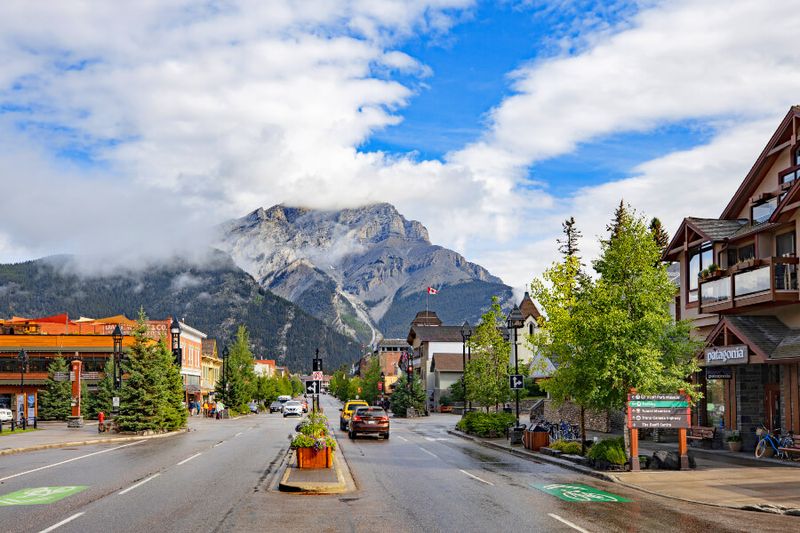 Banff Avenue with souvenir shops and restaurants.