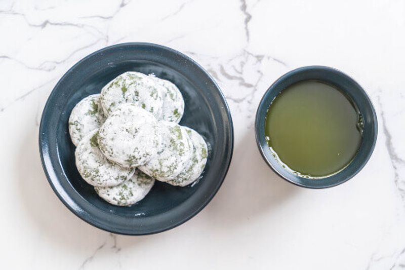 Green tea mochi with red bean paste, a Japanese dessert and crowd favourite