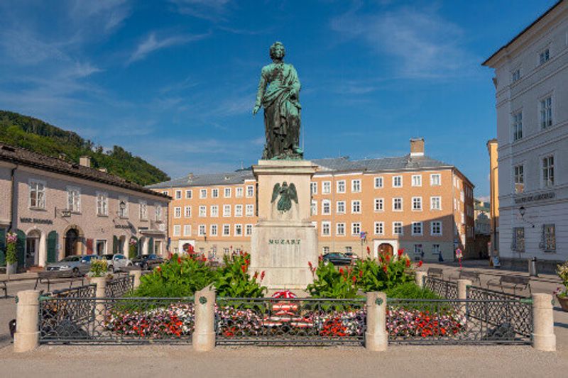 Wolfgang Amadeus Mozart monument statue at the Mozartplatz Square in Salzburg.