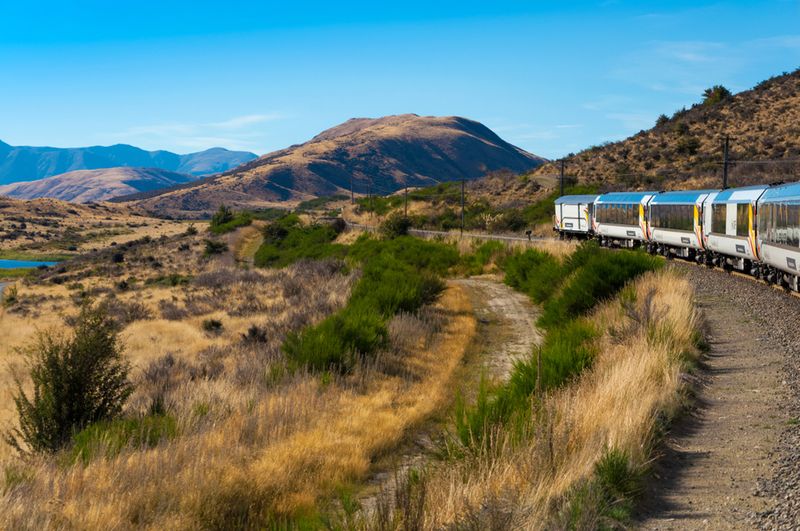 The TranzAlpine scenic train meanders from Christchurch to Greymouth.