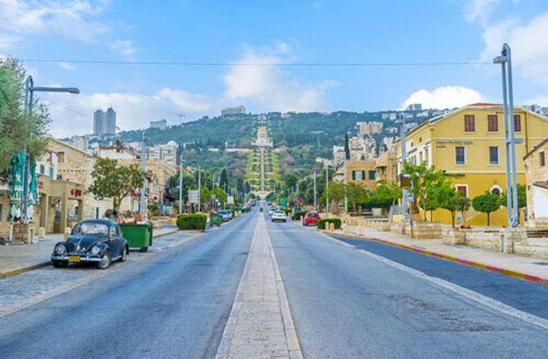 The Ben Gurion Boulevard overlooking the Bahai Shrine in Haifa, Israel.