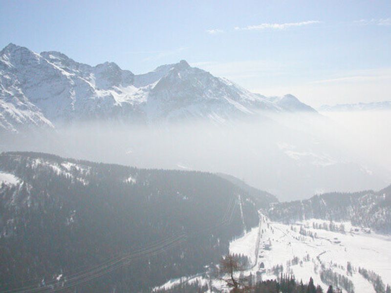 The Piz Bernina range of mountains in the Swiss Rethic Alps in Canton Graubuenden, Switzerland.