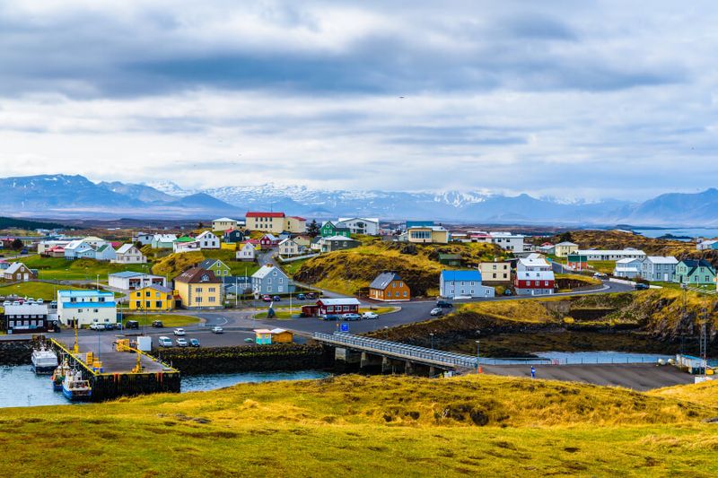 View of the fishing village of Stykkisholmur with colourful houses.