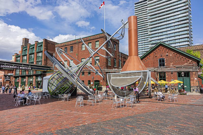 The Distillery District formerly called Gooderham and Worts, with its industrial statues, cafes and restaurants.