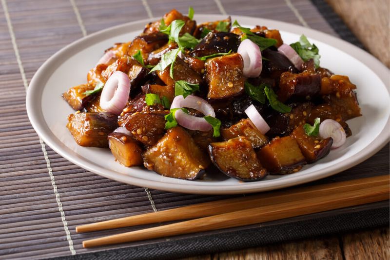 Spicy Sichuan fish fragrant eggplant also known as Yu Xiang on a plate