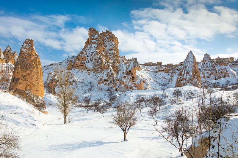 The mountain landscape in Goreme National Park during winter.