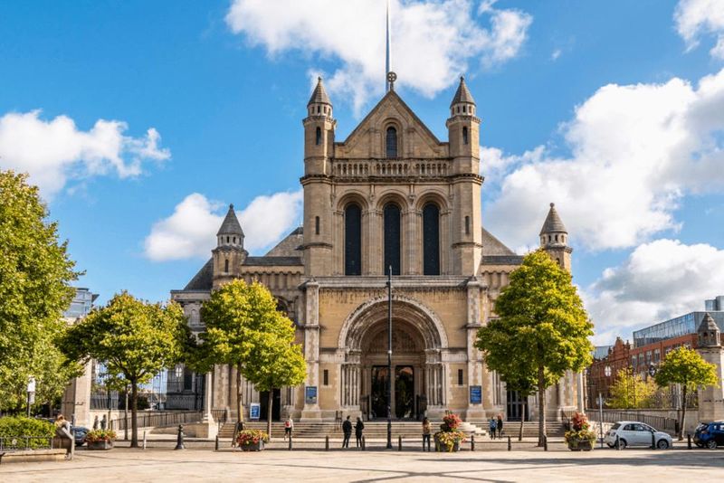 The exterior of the Belfast Cathedral or St. Annes Church of Ireland from the Writers Square.