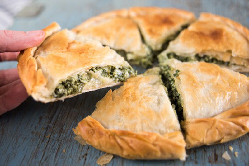 Slices of Spanakopita, presented in Greece.