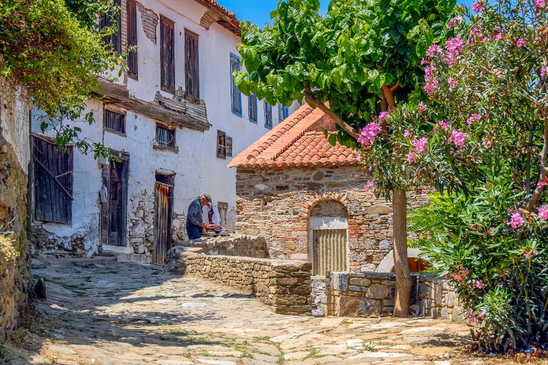 The beautiful cobbled streets of Sirince with greeneries and old Greek houses.